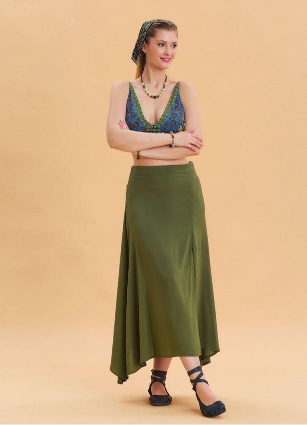 Khaki Asymmetrical Skirt with Zipper Detail and Slit 4639